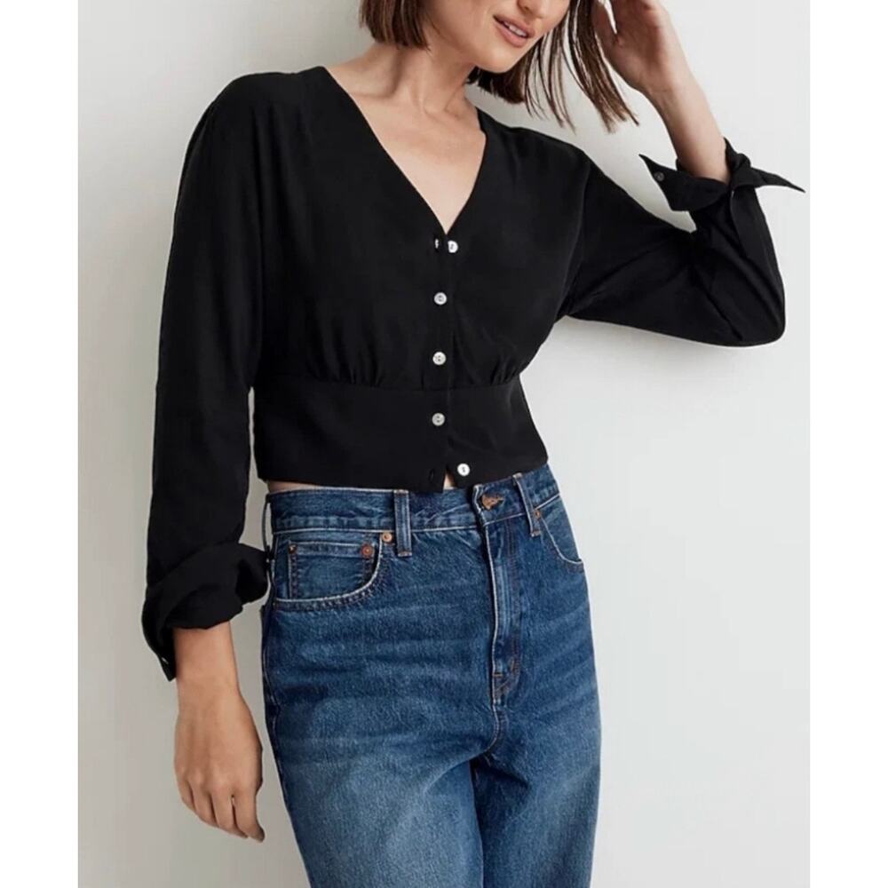 Madewell Black Lusterweave V-Neck Button Front Shirt NWT Size XXS
